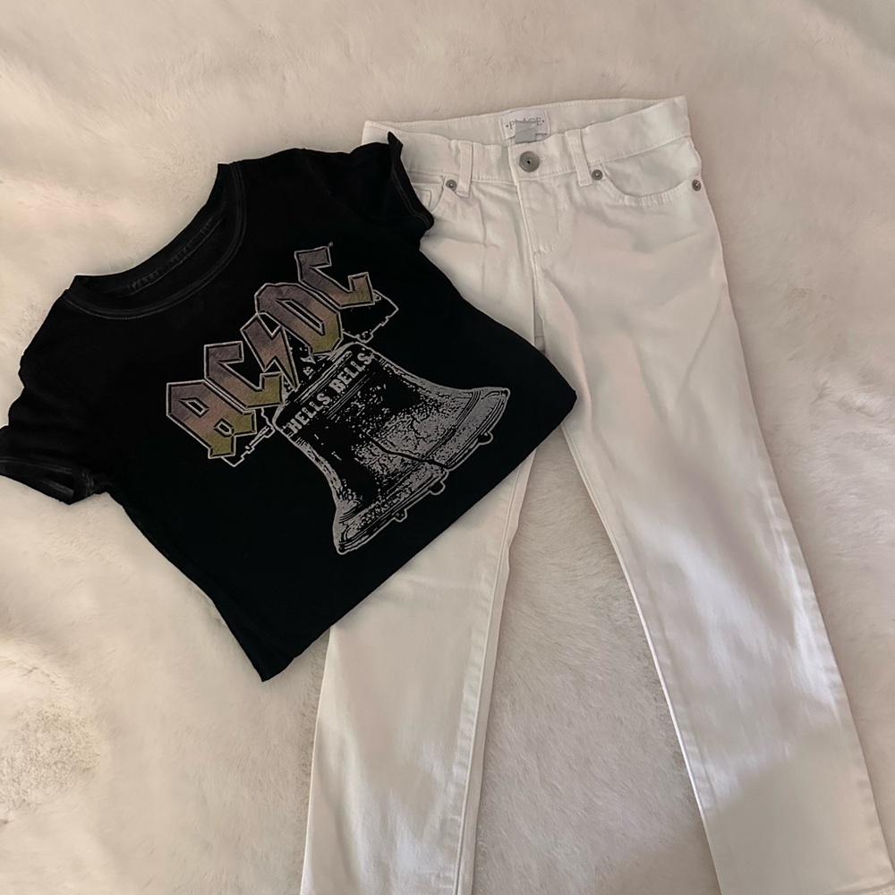 AC/DC Black Graphic Tee and white jeans  top runs a little big. Fits 5-6
